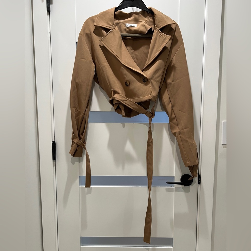 Cropped Tan Double-Breasted Trench Coat